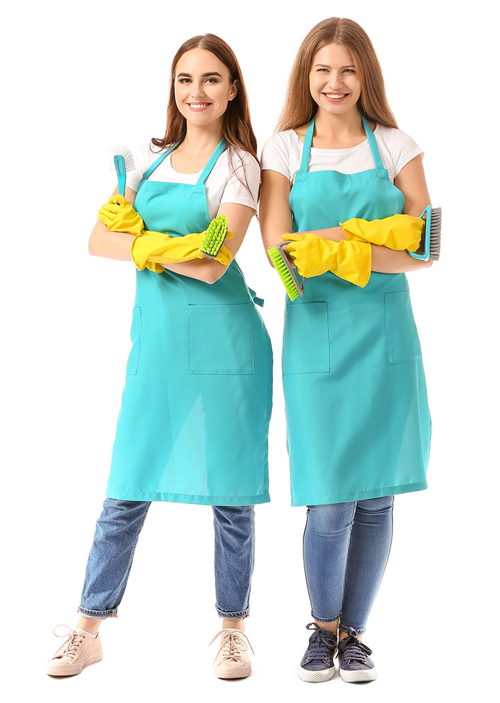 Two young maids with cleaning accessories and blue apron
